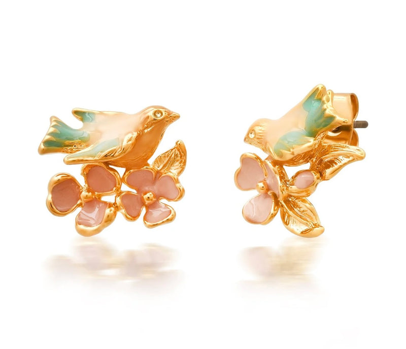 Whimsical Enamel Bird and Flower Studs