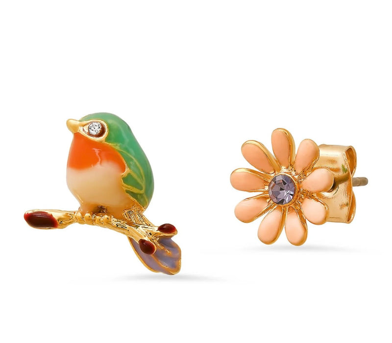 Enamel Bird and Flower Mismatch Studs