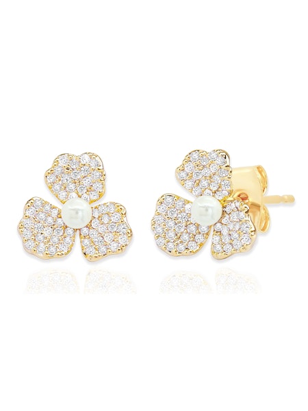 Triple Petal Pave' and Pearl Studs